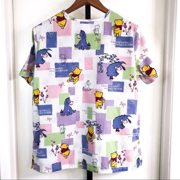 Disney Womens M Pooh Eeyore Colorblock Nursing Dental Veterinary Scrub Top - Picture 1 of 6